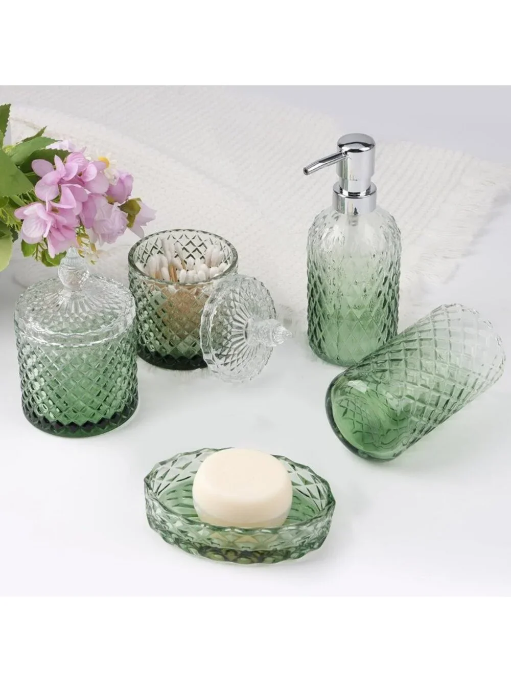 Vintage Green Glass Bathroom Accessories Set - 5-Piece Decorative Home Decor